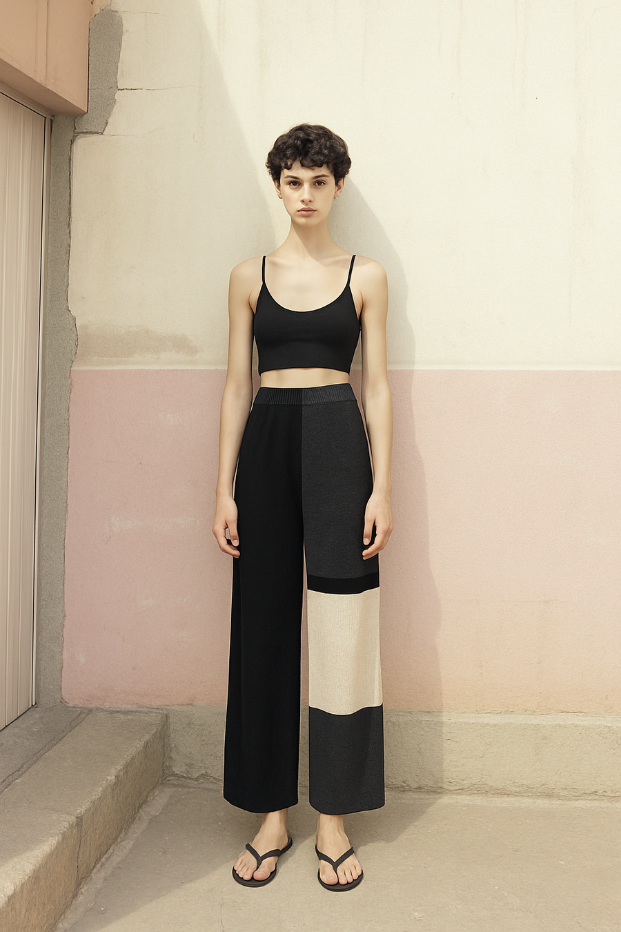 Rib Relax Mix Pants / BLACK